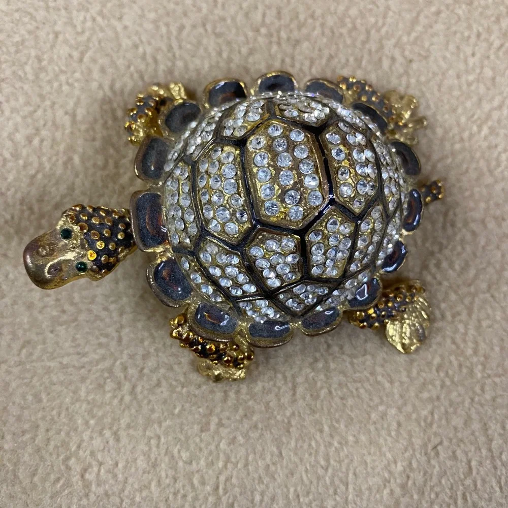 Sparkling Crystal Turtle Jewelry Trinket Box Hinged Gold Tone Enamel Gem Eye New